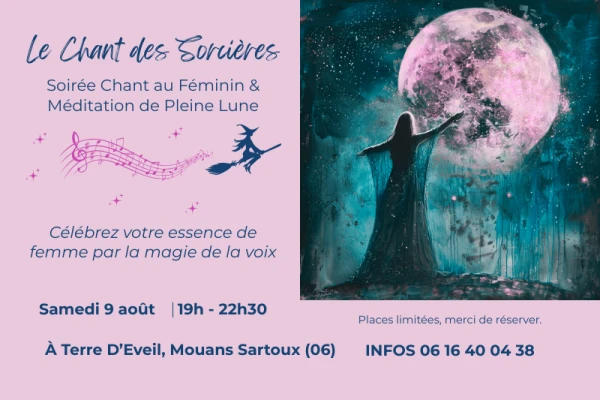 fond rose, image d'une femme qui a les bras tendu vers une pleine lune rose, affiche pour atelier de chant