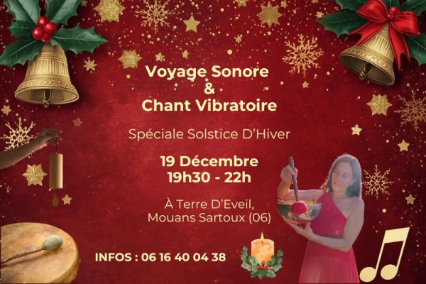 fond rouge, ambiance noël, instruments de musique, une femme en robe rouge tient un bol tibétain, affiche pour voyage sonore et chant de Yule