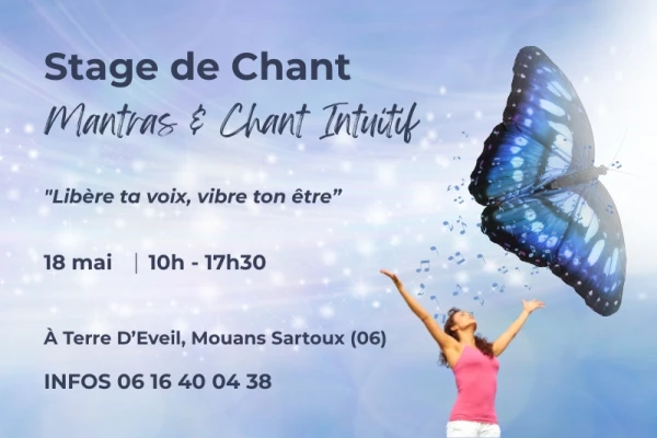 ciel bleu clair, papillon bleu, notes de musique, une femme les bras ouverts, haut rose, affiche pour stage de chant des mantras