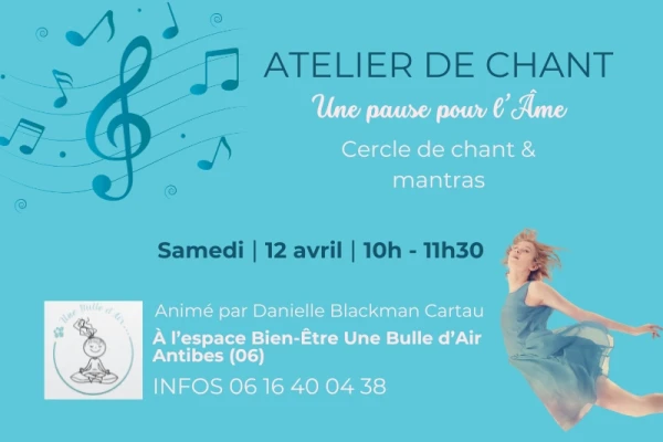 fond vert clair, femme en robe courte qui semble voler, bras ouverts, notes de musique, affiche pour atelier de chant