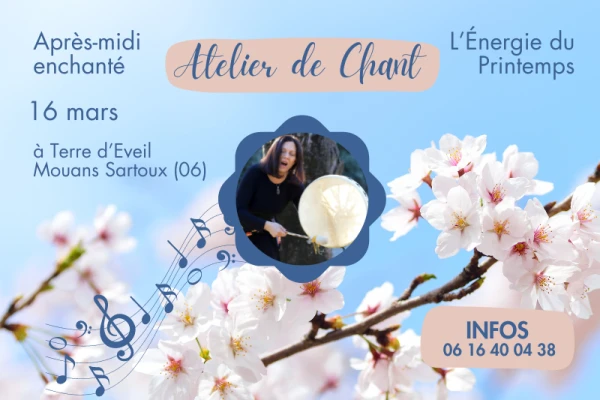 femme qui chante avec tambour fleurs et ciel bleu 16 mars atelier de chant printemps