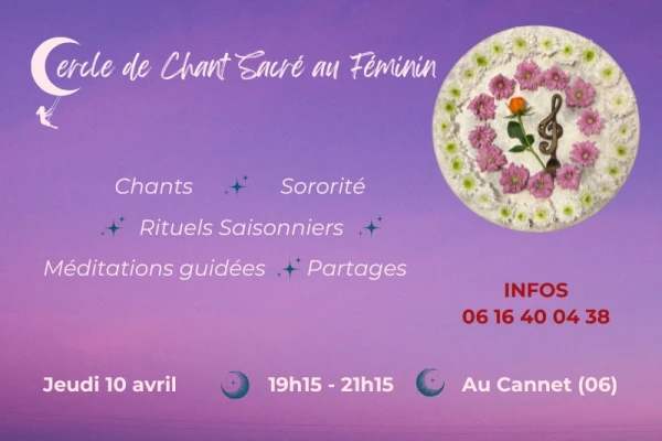 Affiche du cercle de chant féminin sacré, fond mauve, pleine lune avec des fleurs