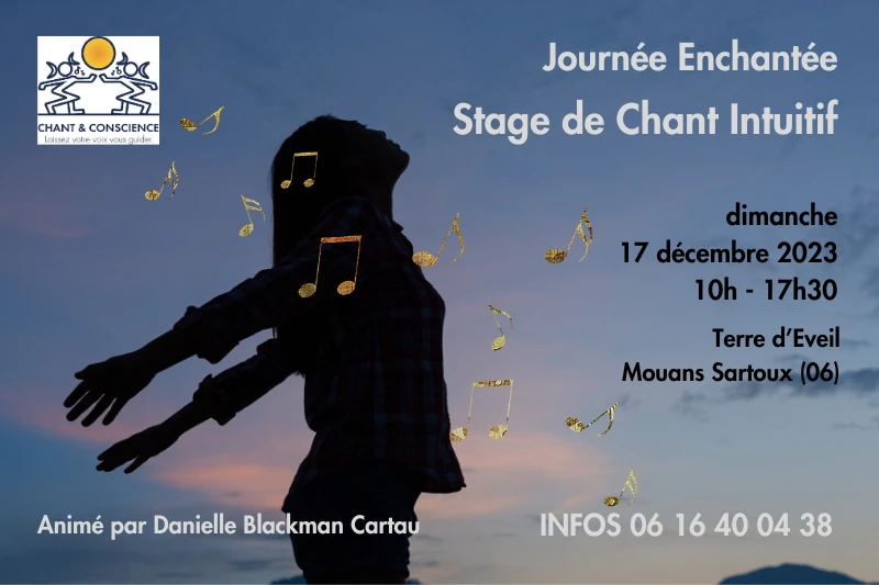 flyer stage de chant intuitif avec ombre de femme bras ouverts derrière et notes de musique dorées qui entoure PNG