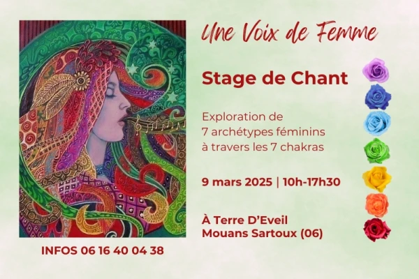 image d'une femme entourée de couleurs, notes de musique qui sortent de sa bouche, affiche pour stage de chant, une voix de femme